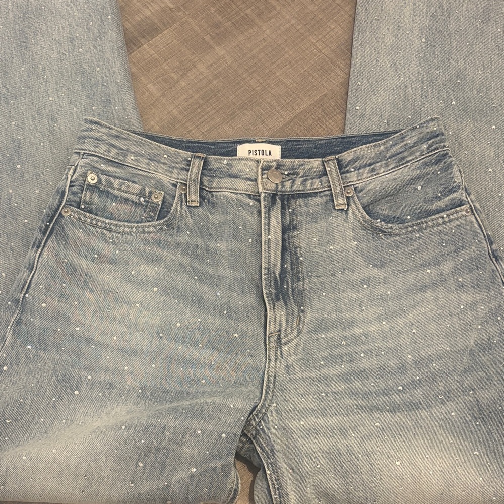 pistola Light Wash High-Rise Wide Leg Jeans Wes with Glitz barrel - Picture 2 of 8